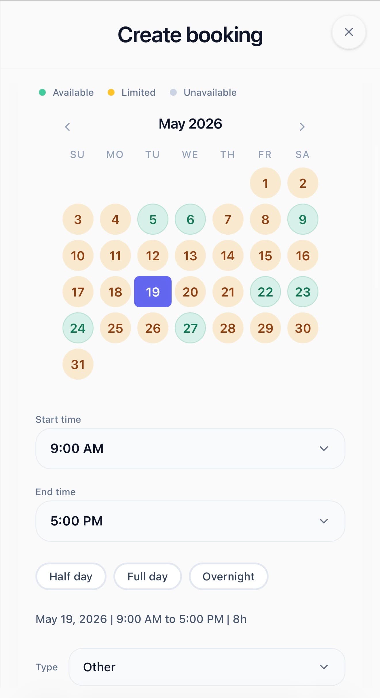 Mobile booking form showing event date and time selection