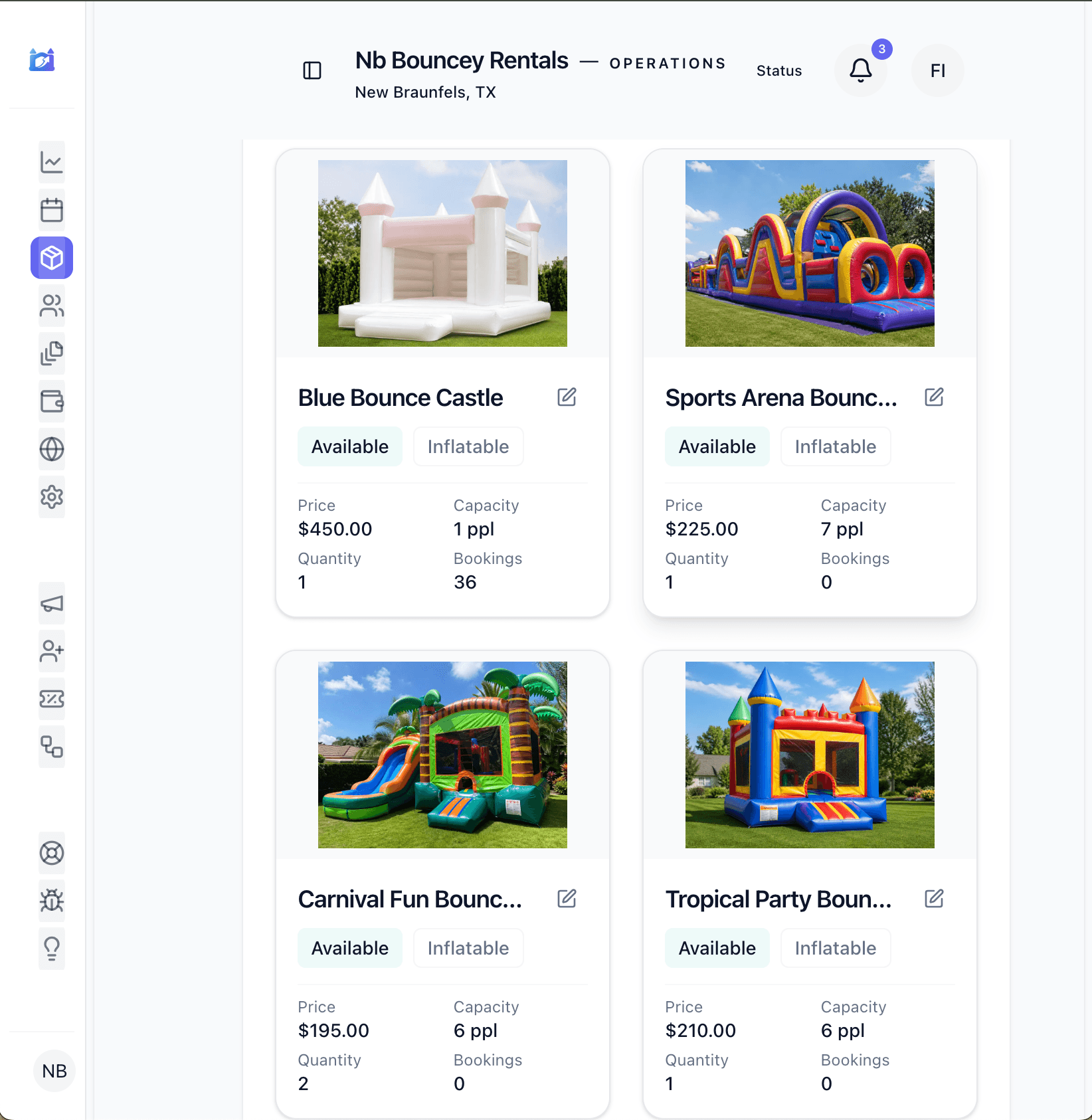 InflateMate inventory screen with live rental catalog items