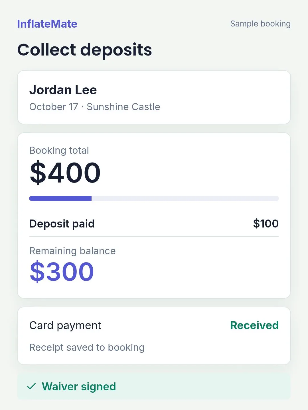 Sample booking with a received deposit and signed waiver