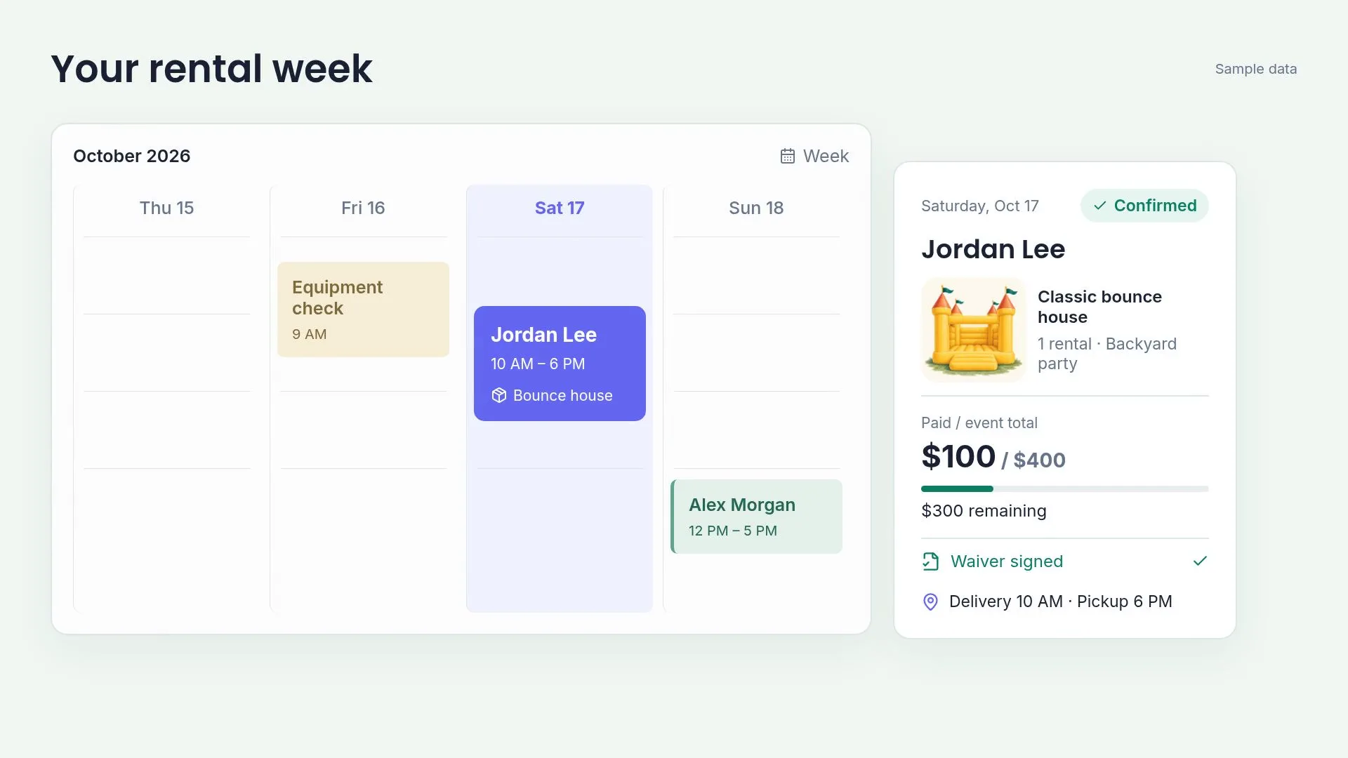 Sample rental calendar with confirmed bookings